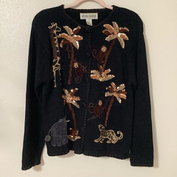 Victoria Harbour Vintage 90s Black Embroidered Safari Knit Cardigan Medium - Picture 1 of 12